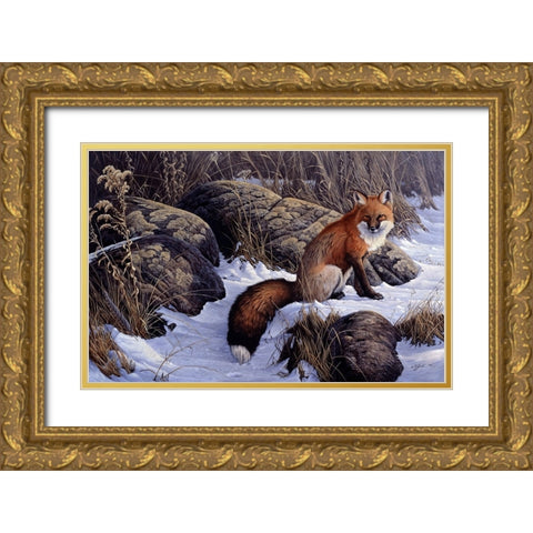 Mid Winter Pause - Red Fox Gold Ornate Wood Framed Art Print with Double Matting by Goebel, Wilhelm