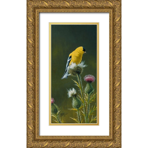 Goldfinch On Thistle Gold Ornate Wood Framed Art Print with Double Matting by Goebel, Wilhelm