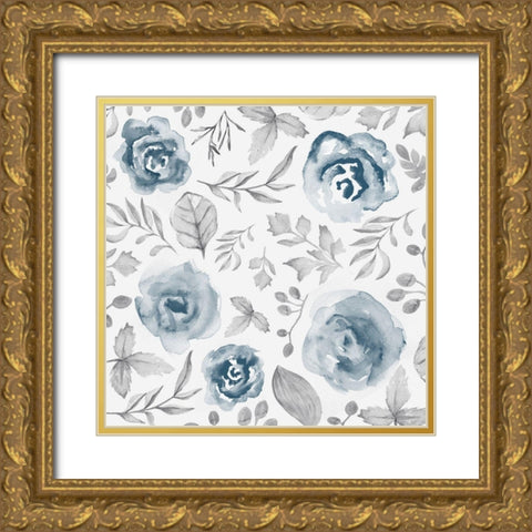 Blue Fade Foliage Gold Ornate Wood Framed Art Print with Double Matting by Vidal, Alicia