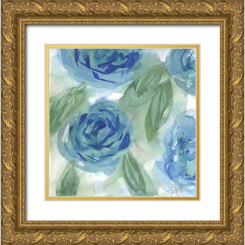 Blue Green Roses I Gold Ornate Wood Framed Art Print with Double Matting by Dyer, Beverly