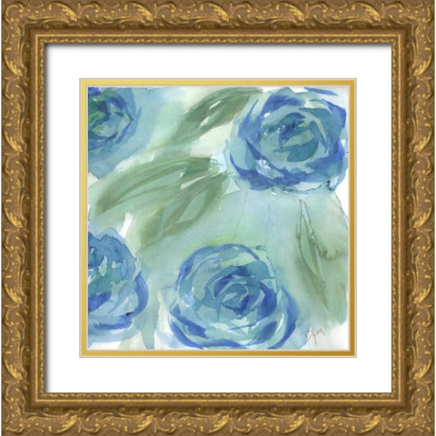 Blue Green Roses II Gold Ornate Wood Framed Art Print with Double Matting by Dyer, Beverly