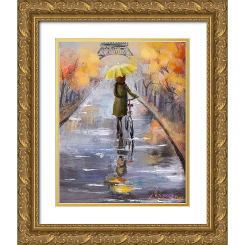 Rainy Day Paris Gold Ornate Wood Framed Art Print with Double Matting by Boho Hue Studio