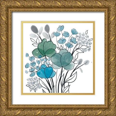 Teal Bouquet Gold Ornate Wood Framed Art Print with Double Matting by Boho Hue Studio