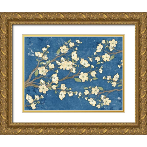 Cherry Blossoms Blue Gold Ornate Wood Framed Art Print with Double Matting by Stimson, Diane