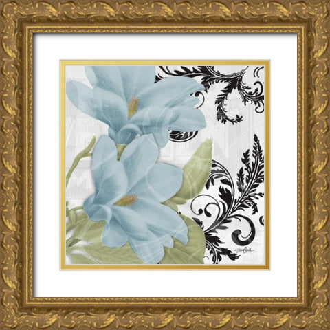 Magnolia Blue Gold Ornate Wood Framed Art Print with Double Matting by Stimson, Diane