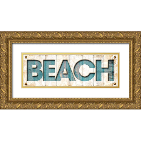 Beach Sign Gold Ornate Wood Framed Art Print with Double Matting by Grey, Jace