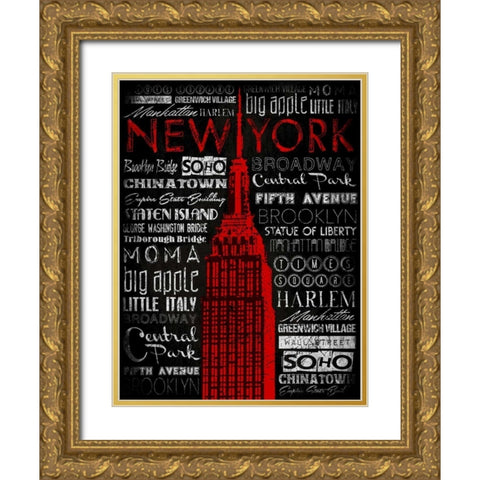 NY Type RED Gold Ornate Wood Framed Art Print with Double Matting by Grey, Jace