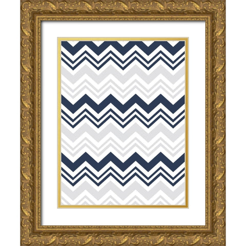 Blue Grey chevron Gold Ornate Wood Framed Art Print with Double Matting by Grey, Jace