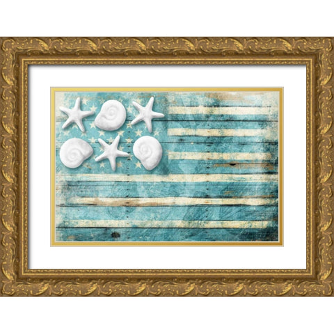 Coastal American Flag Gold Ornate Wood Framed Art Print with Double Matting by Grey, Jace
