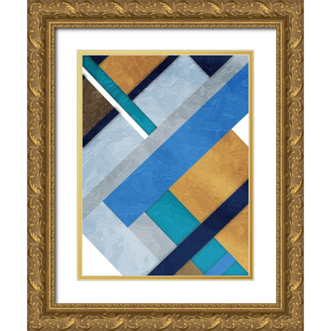 Stipe Overlay Mate Blue Gold Ornate Wood Framed Art Print with Double Matting by Grey, Jace