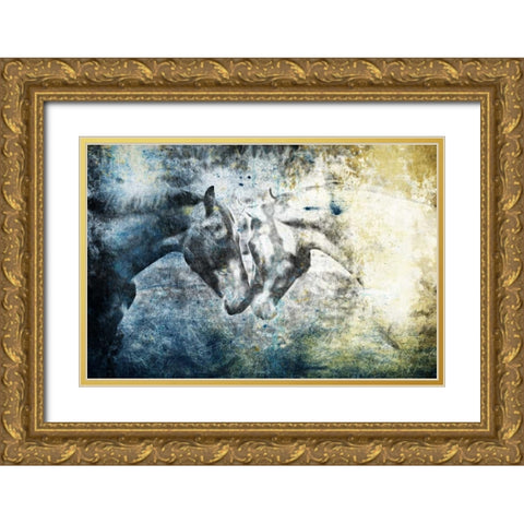 Kissing Blue Horses Gold Ornate Wood Framed Art Print with Double Matting by Grey, Jace