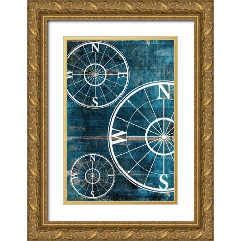 Wooden Compass Blue Gold Ornate Wood Framed Art Print with Double Matting by Grey, Jace
