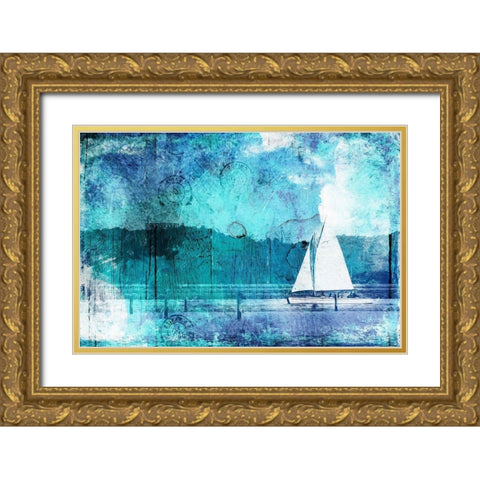 Boating Abstract Blue Gold Ornate Wood Framed Art Print with Double Matting by Grey, Jace