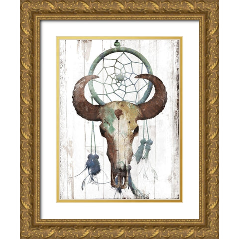 Bull With Dreamcatcher Gold Ornate Wood Framed Art Print with Double Matting by Grey, Jace