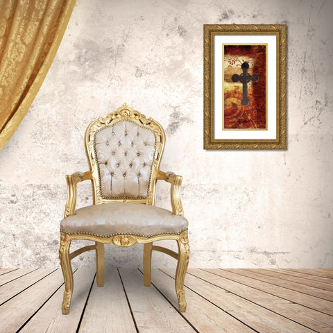 Cross On Red Gold Ornate Wood Framed Art Print with Double Matting by Grey, Jace