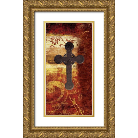 Cross On Red Gold Ornate Wood Framed Art Print with Double Matting by Grey, Jace