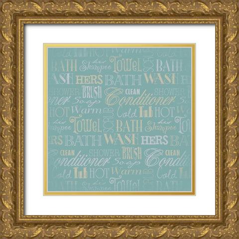 Bath Typography Teal Gold Ornate Wood Framed Art Print with Double Matting by Grey, Jace