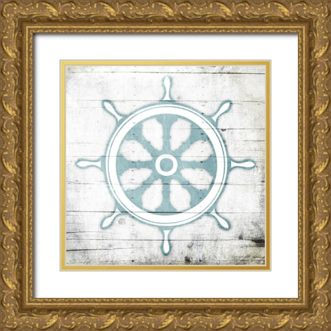 Teal Steering Wheel Toned Down Gold Ornate Wood Framed Art Print with Double Matting by Grey, Jace