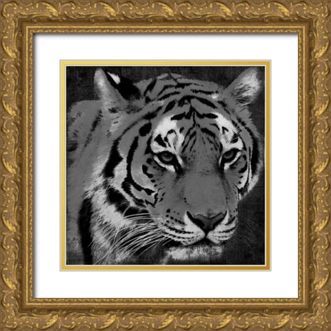 Tiger Black And White Gold Ornate Wood Framed Art Print with Double Matting by Grey, Jace