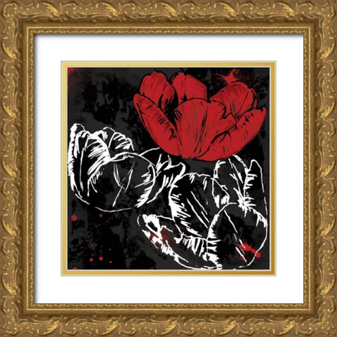 Red Florals Mate Gold Ornate Wood Framed Art Print with Double Matting by Grey, Jace