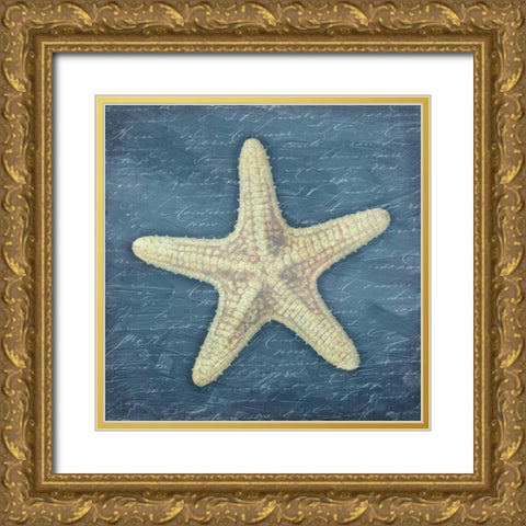 Star Fish Light Blue Gold Ornate Wood Framed Art Print with Double Matting by Grey, Jace