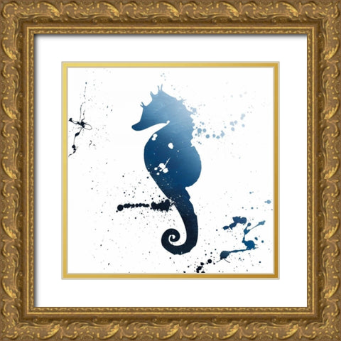 Seahorse Splatter Indigo Gold Ornate Wood Framed Art Print with Double Matting by Grey, Jace
