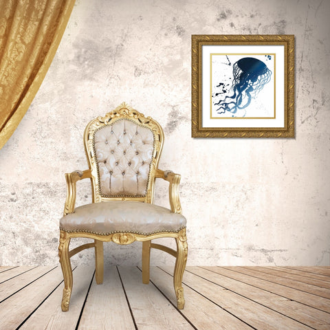 Jellyfish Splatter Indigo Gold Ornate Wood Framed Art Print with Double Matting by Grey, Jace