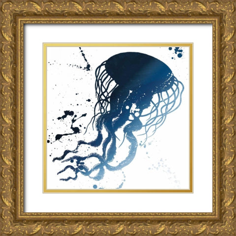 Jellyfish Splatter Indigo Gold Ornate Wood Framed Art Print with Double Matting by Grey, Jace