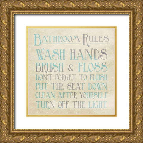 Bathroom Rules Teal Gold Ornate Wood Framed Art Print with Double Matting by Grey, Jace