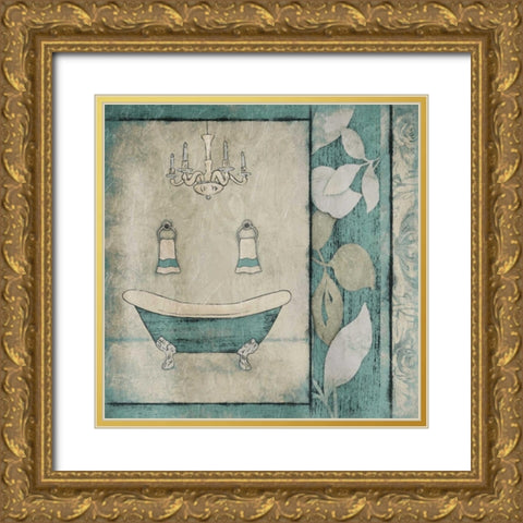 Teal Floral Bath Gold Ornate Wood Framed Art Print with Double Matting by Grey, Jace