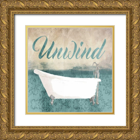 Unwind Bath Teal Gold Ornate Wood Framed Art Print with Double Matting by Grey, Jace