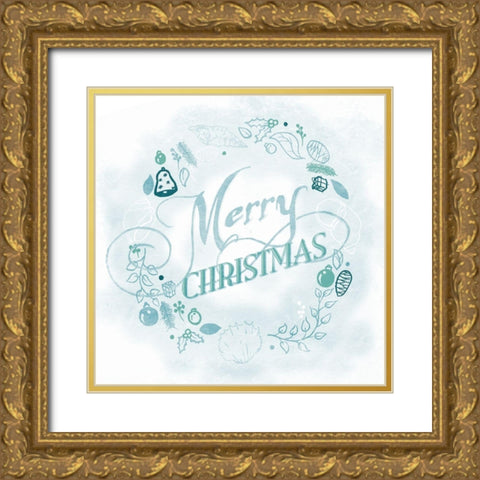 Coastal Christmas Wreath Blue Gold Ornate Wood Framed Art Print with Double Matting by Grey, Jace