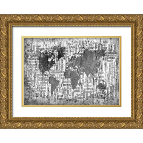Map of the World Black and White Gold Ornate Wood Framed Art Print with Double Matting by Allen, Kimberly