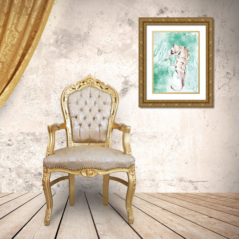 Seahorse Swimming Gold Ornate Wood Framed Art Print with Double Matting by Allen, Kimberly