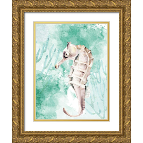 Seahorse Swimming Gold Ornate Wood Framed Art Print with Double Matting by Allen, Kimberly