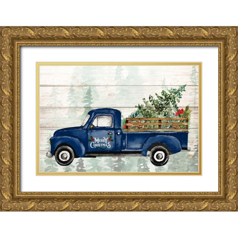 Navy Christmas Truck Gold Ornate Wood Framed Art Print with Double Matting by Allen, Kimberly