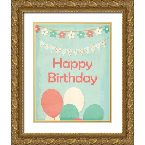 Happy Birthday Balloons Gold Ornate Wood Framed Art Print with Double Matting by Kimberly, Allen