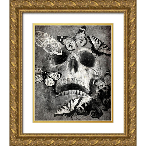 Butterfly Skull Gold Ornate Wood Framed Art Print with Double Matting by Kimberly, Allen