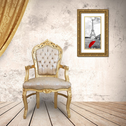 Red Umbrella Paris 1 Gold Ornate Wood Framed Art Print with Double Matting by Allen, Kimberly