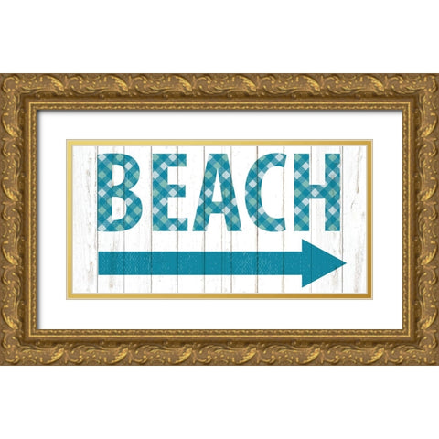 Beach Gingham Sign Gold Ornate Wood Framed Art Print with Double Matting by Allen, Kimberly