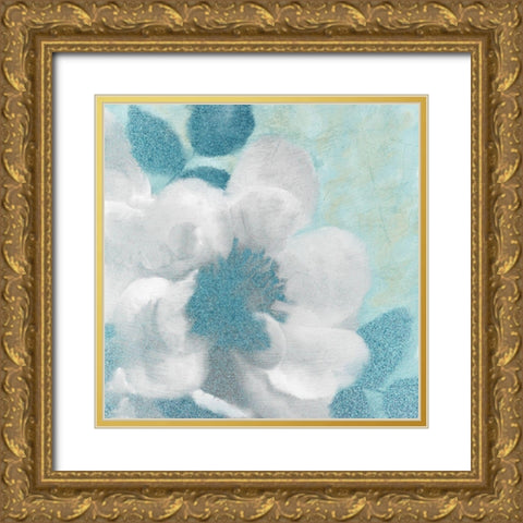 Teal Blooming 1 Gold Ornate Wood Framed Art Print with Double Matting by Kimberly, Allen