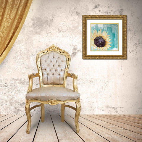 Sunflower Teal Gold Ornate Wood Framed Art Print with Double Matting by Louise, Gigi