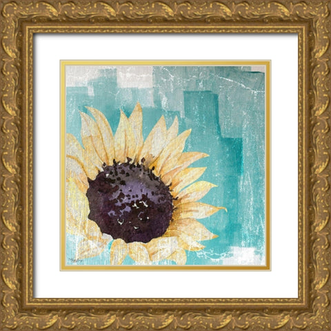 Sunflower Teal Gold Ornate Wood Framed Art Print with Double Matting by Louise, Gigi