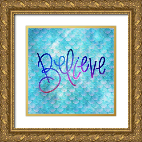 Believe Mermaid Gold Ornate Wood Framed Art Print with Double Matting by Louise, Gigi