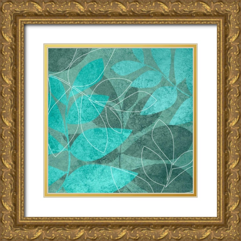 Teal Leaves I Gold Ornate Wood Framed Art Print with Double Matting by Emery, Kristin
