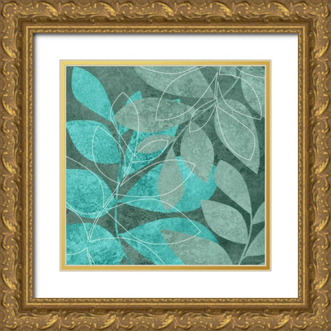 Teal Leaves II Gold Ornate Wood Framed Art Print with Double Matting by Emery, Kristin