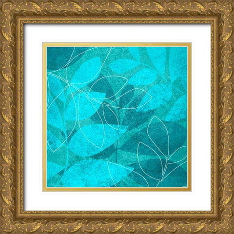 Turquoise Leaves I Gold Ornate Wood Framed Art Print with Double Matting by Emery, Kristin