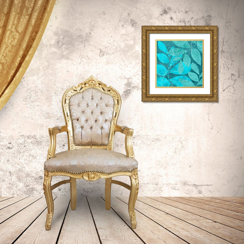 Turquoise Leaves II Gold Ornate Wood Framed Art Print with Double Matting by Emery, Kristin