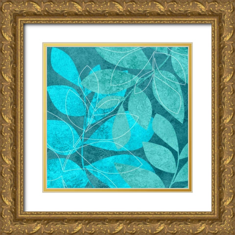 Turquoise Leaves II Gold Ornate Wood Framed Art Print with Double Matting by Emery, Kristin