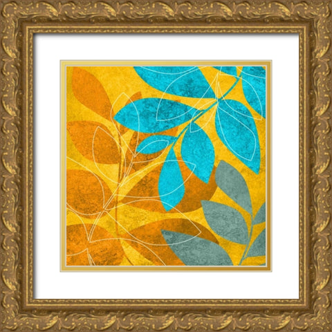Aqua Leaves 2 Gold Ornate Wood Framed Art Print with Double Matting by Emery, Kristin
